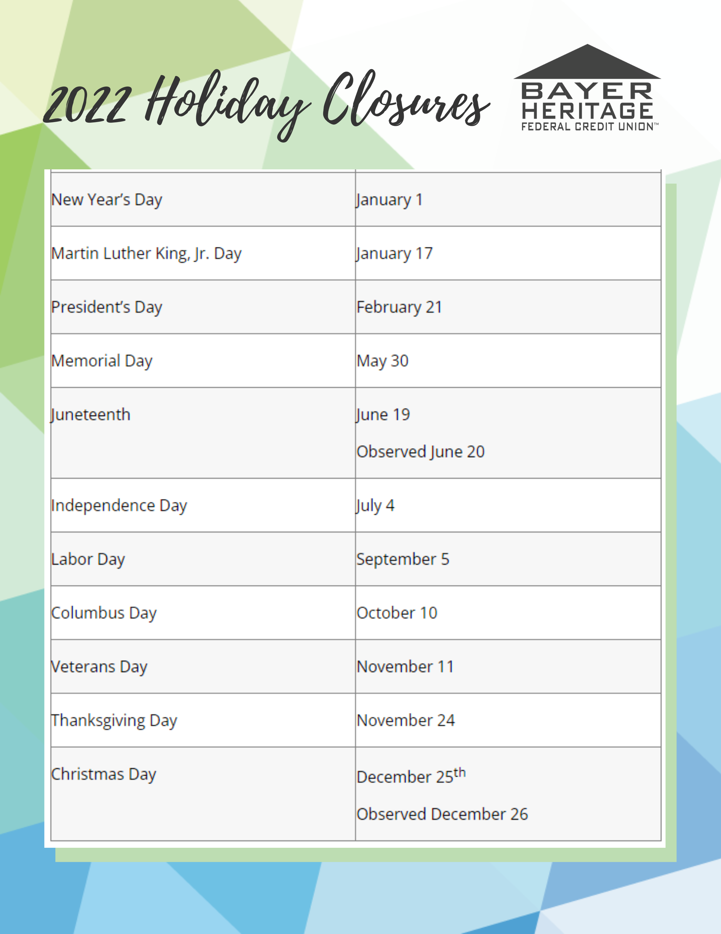 Holiday Closures › Bayer Heritage Federal Credit Union